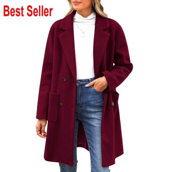 Wool Blend Pea Coat Double Breasted Trench Notch Lapel Classic Elegant
